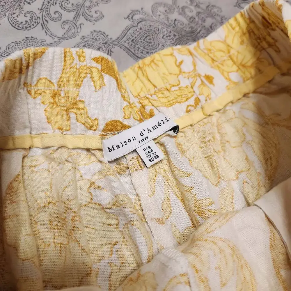Yellow White Floral Baroque Print Linen Blend Shorts Size US 8